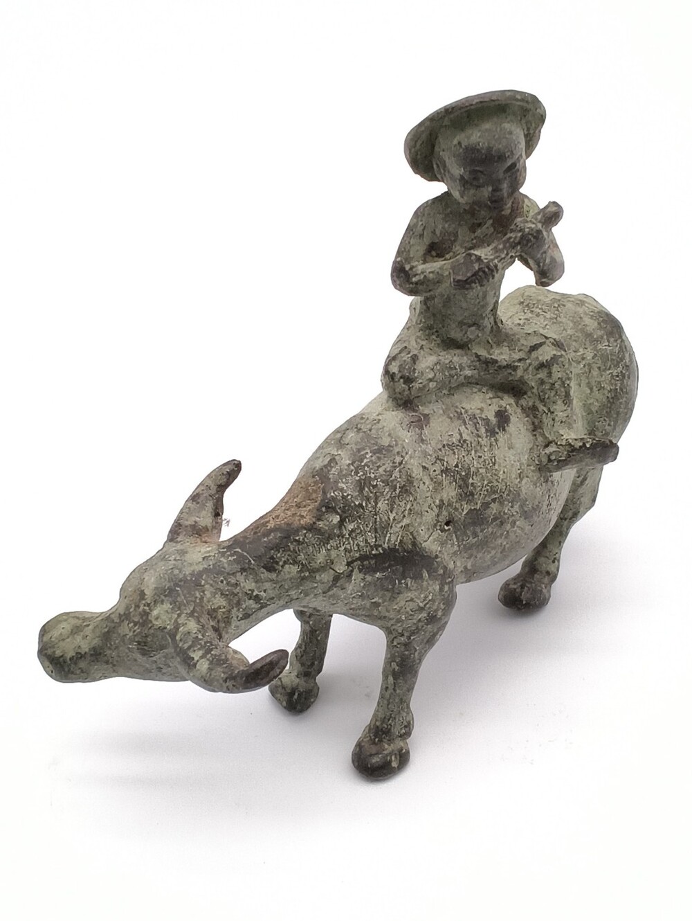 Vintage Bronze-Tone Boy Playing Flute Riding on a Water Buffalo Statue